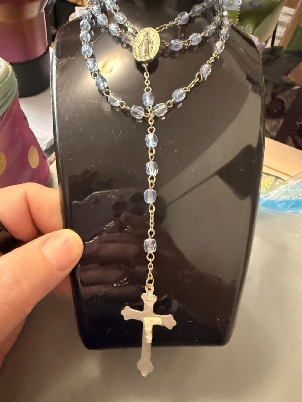 Vintage Blue Faceted Bead Catholic Rosary Miraculous Medal Ornate Crucifix